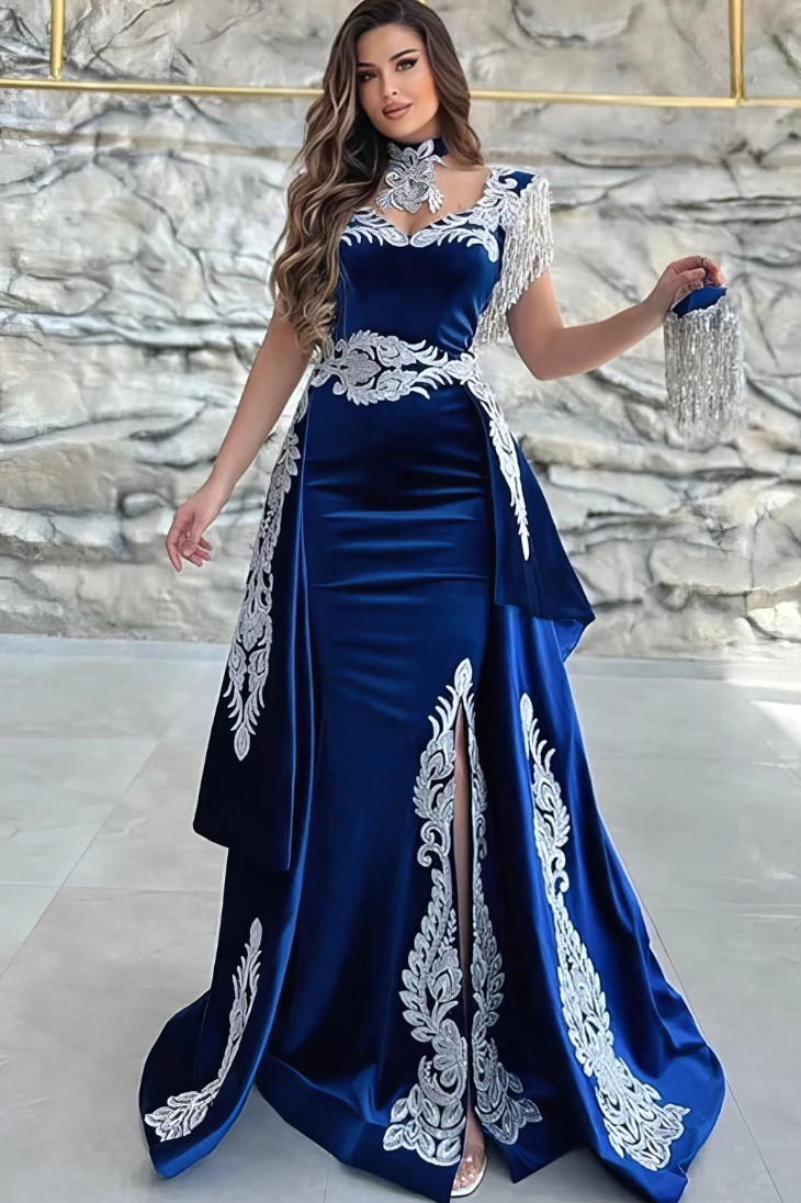 Robe de Princesse Marocaine Florale Bleu Marine – Narjisse