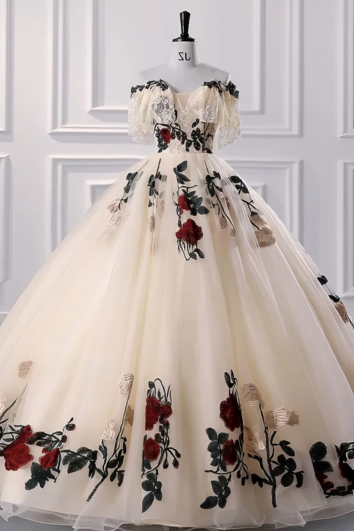 Robe de Princesse Roses Fleuries Épaules Dénudées – Adèle